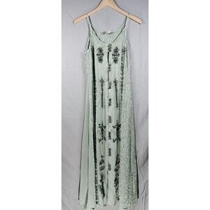 Magic Spaghetti Strap Button Front Embroidery Maxi Dress Green Free Size Crinkle